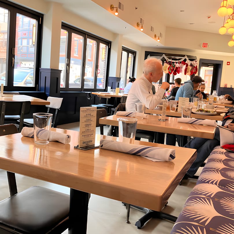 Diners seated at light wood tables with striped napkins, enjoying meals in a bright Redcrest Kitchen dining room.